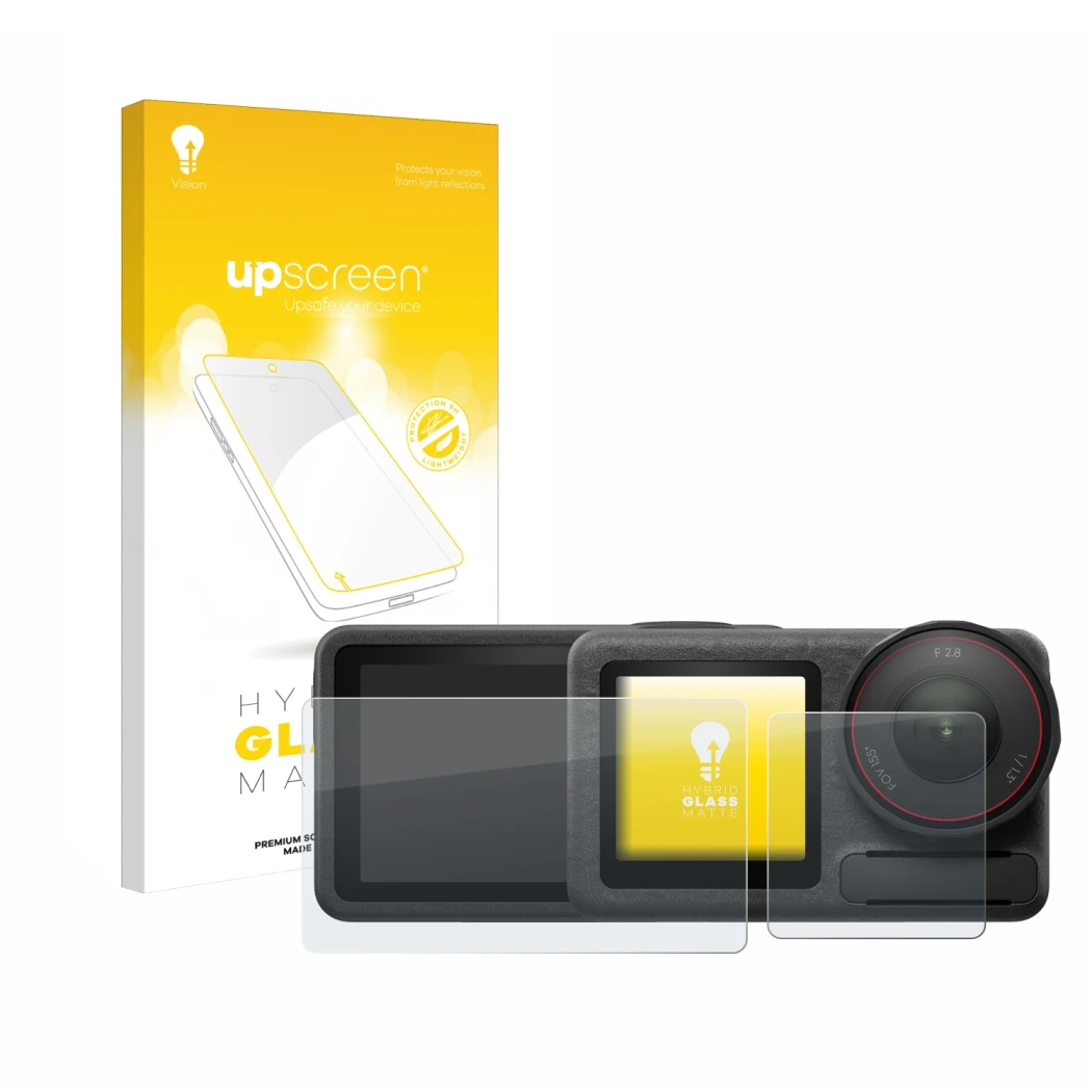 Parte frontal de un envase de producto con el logotipo de la marca upscreen. Al lado se muestra el dispositivo DJI Osmo Action