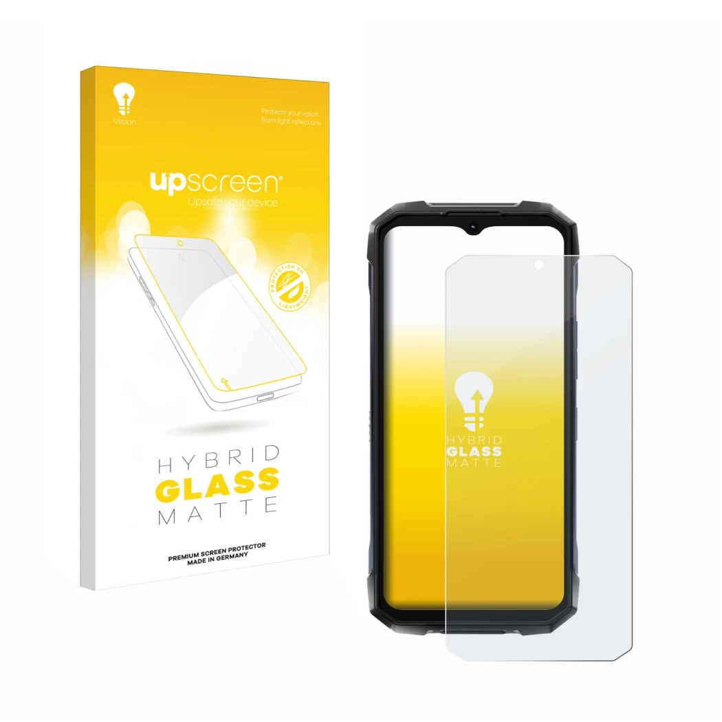 Parte frontal de un envase de producto con el logotipo de la marca upscreen. Al lado se muestra el dispositivo Hotwav Hyper 7 