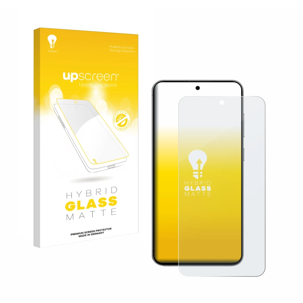 Parte frontal de un envase de producto con el logotipo de la marca upscreen. Al lado se muestra el dispositivo Samsung Galaxy 