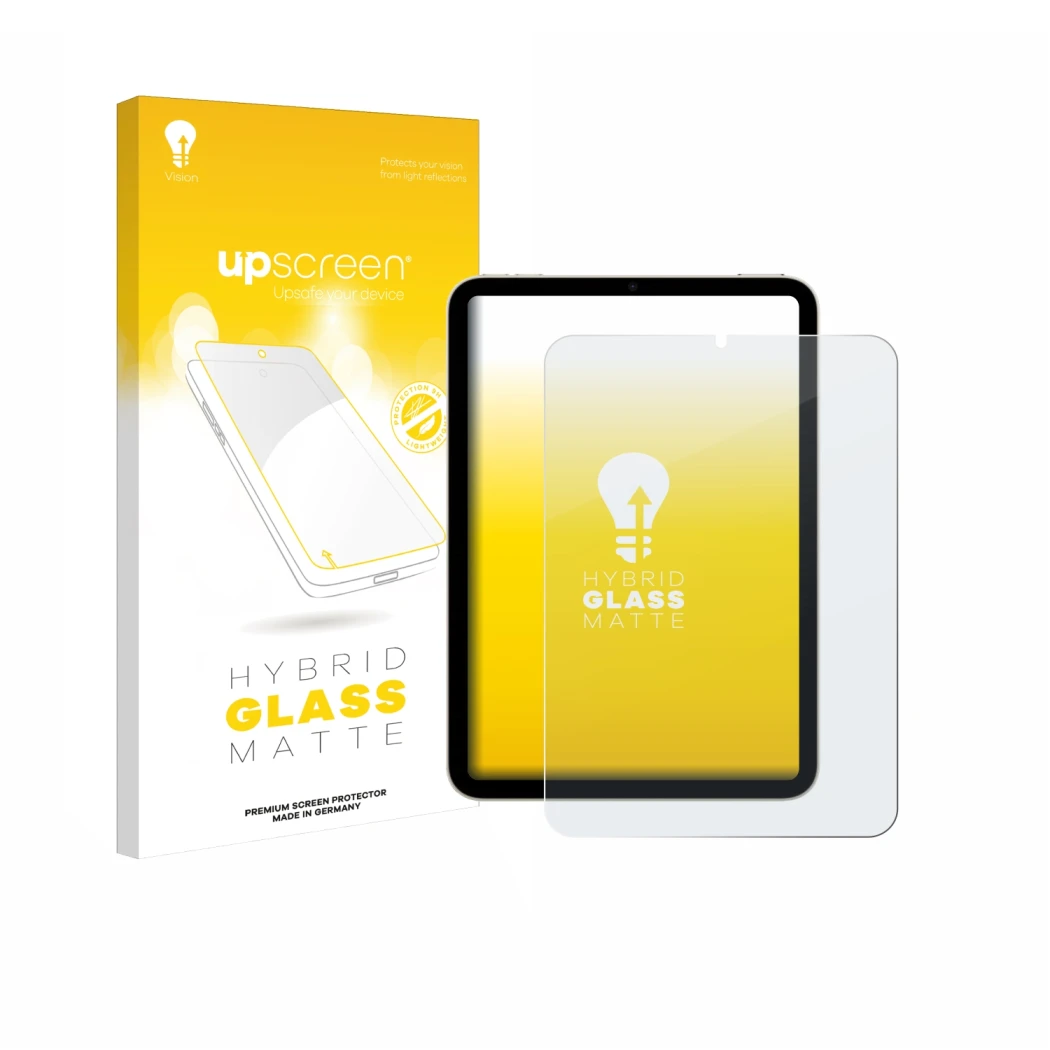 Parte frontal de un envase de producto con el logotipo de la marca upscreen. Al lado se muestra el dispositivo Apple iPad Mini