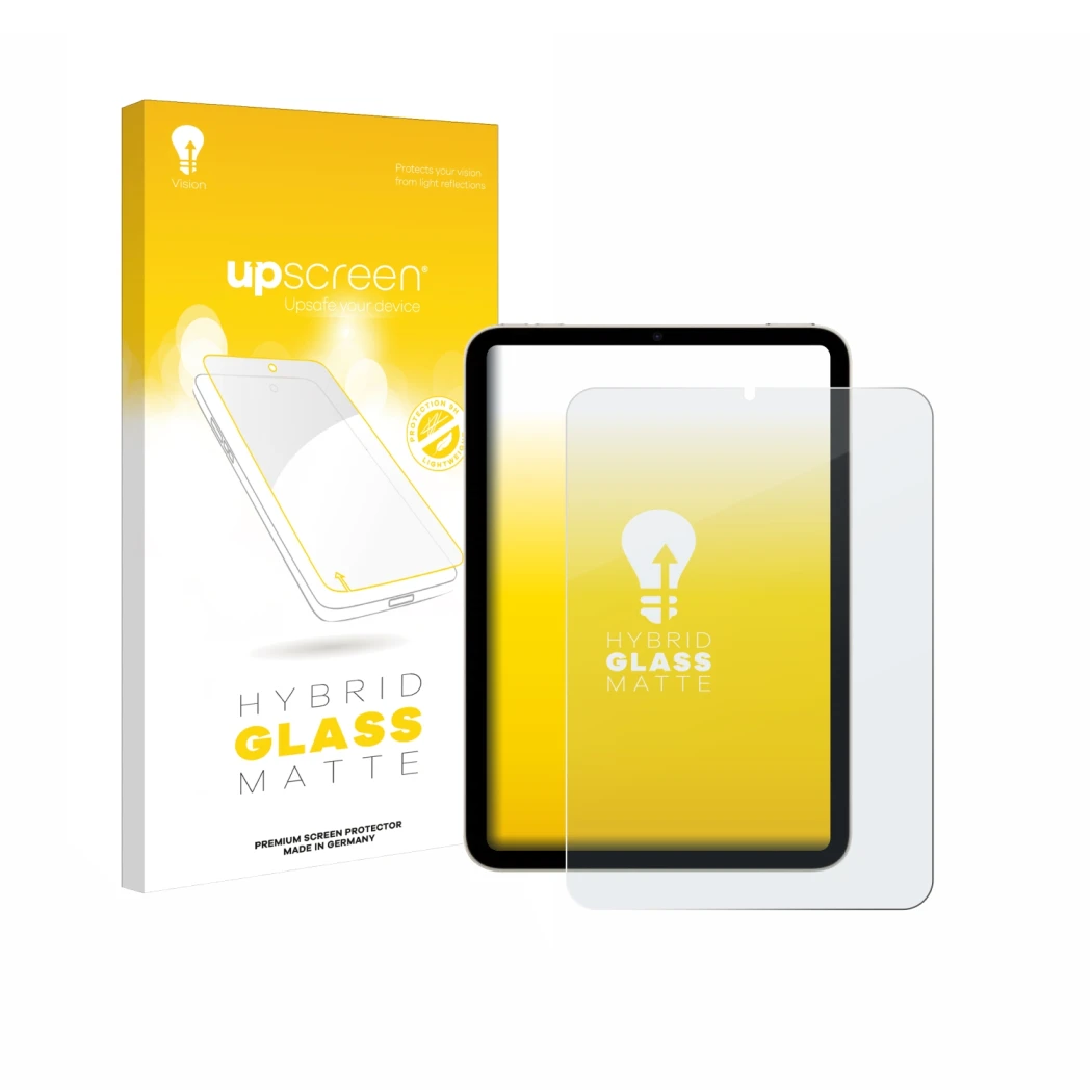 Parte frontal de un envase de producto con el logotipo de la marca upscreen. Al lado se muestra el dispositivo Apple iPad Mini