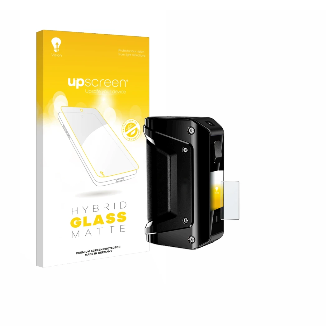 Parte frontal de un envase de producto con el logotipo de la marca upscreen. Al lado se muestra el dispositivo geekvape Aegis 