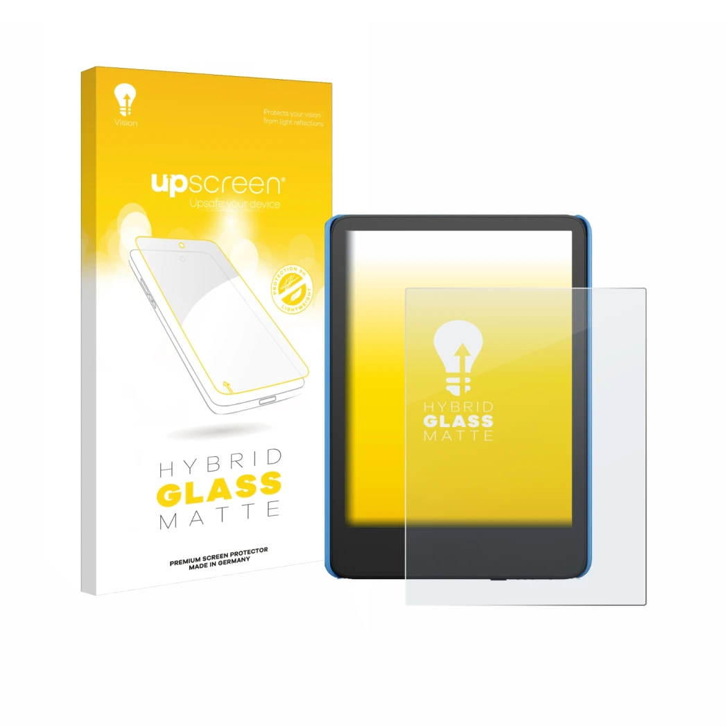 Parte frontal de un envase de producto con el logotipo de la marca upscreen. Al lado se muestra el dispositivo Amazon Kindle K