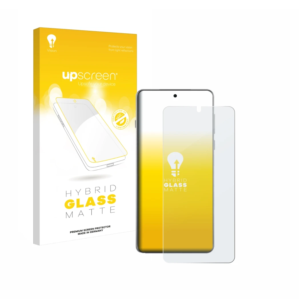 Parte frontal de un envase de producto con el logotipo de la marca upscreen. Al lado se muestra el dispositivo Oppo Find X8 Pr