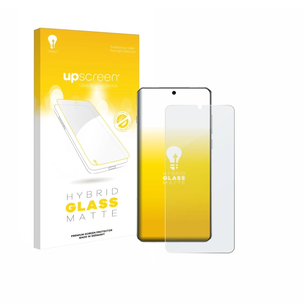 Parte frontal de un envase de producto con el logotipo de la marca upscreen. Al lado se muestra el dispositivo OnePlus 13 con 