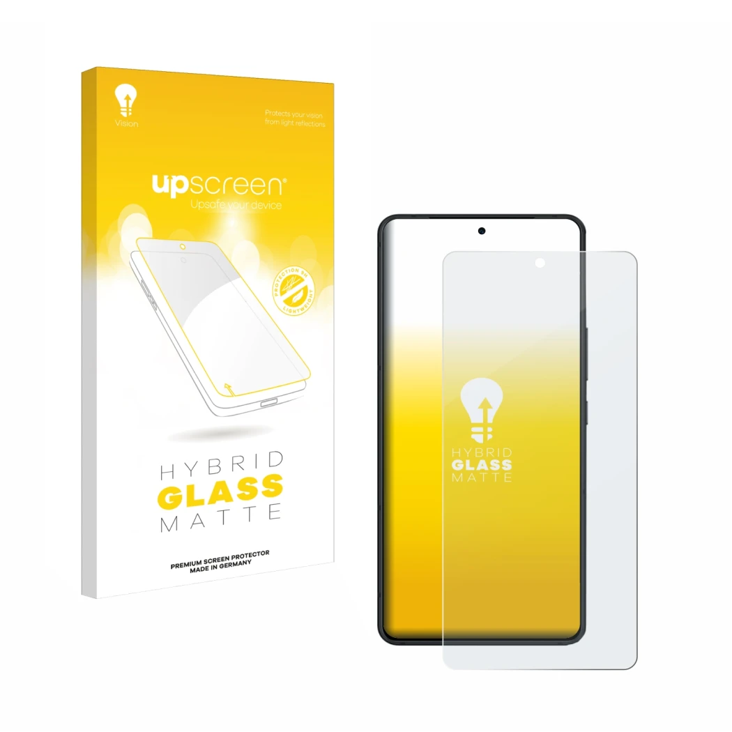 Parte frontal de un envase de producto con el logotipo de la marca upscreen. Al lado se muestra el dispositivo ASUS ROG Phone 