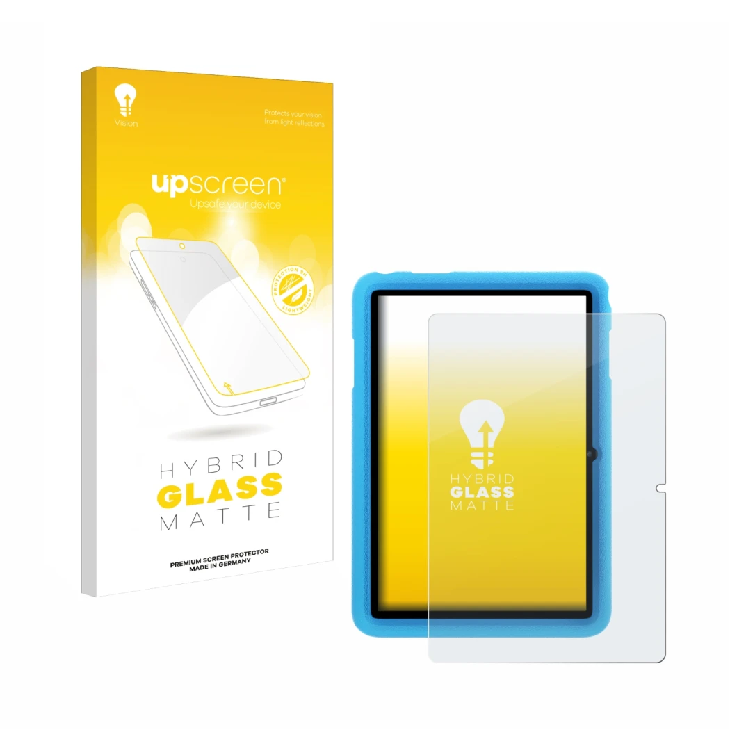 Parte frontal de un envase de producto con el logotipo de la marca upscreen. Al lado se muestra el dispositivo Blackview Tab 8