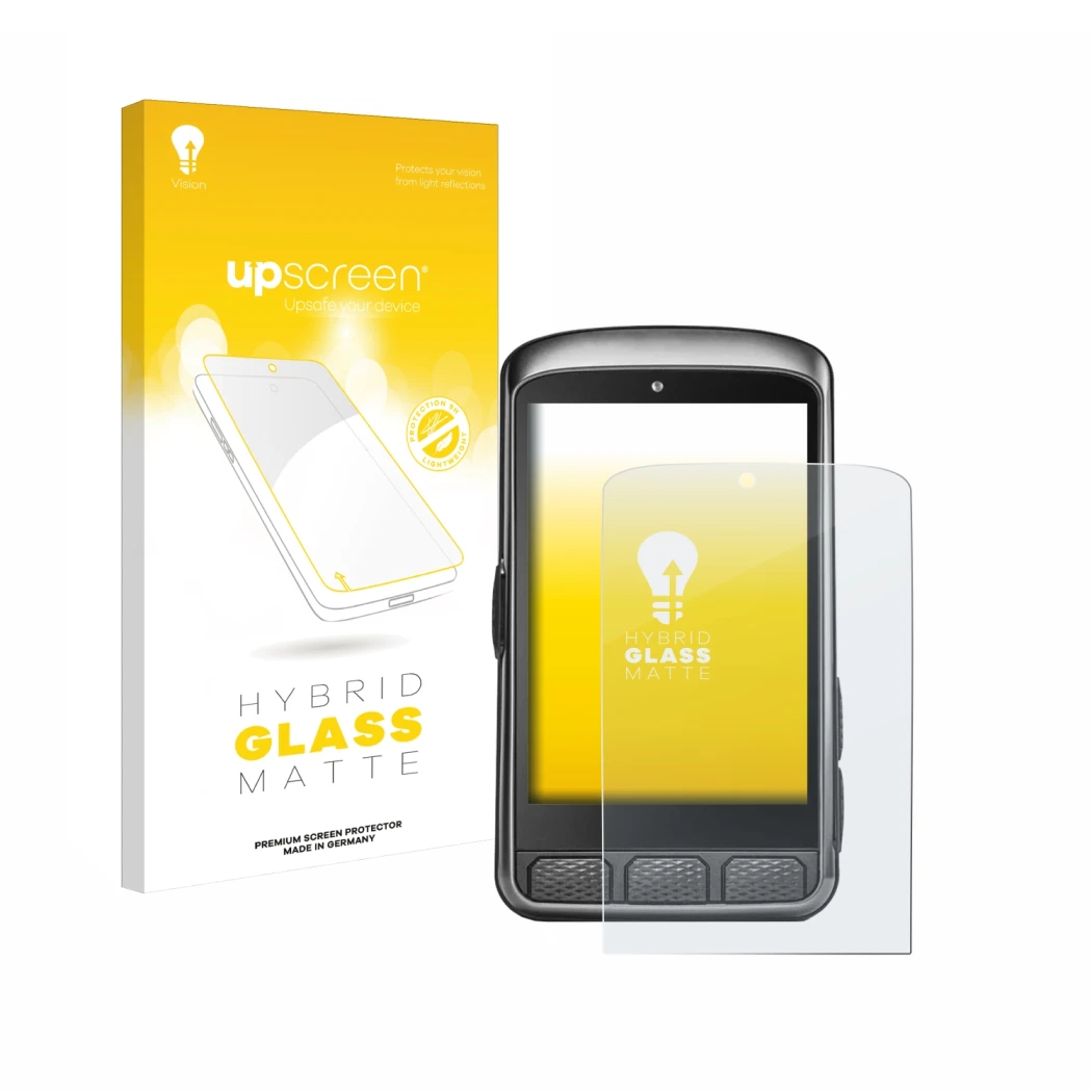 Parte frontal de un envase de producto con el logotipo de la marca upscreen. Al lado se muestra el dispositivo Wahoo Elemnt AC