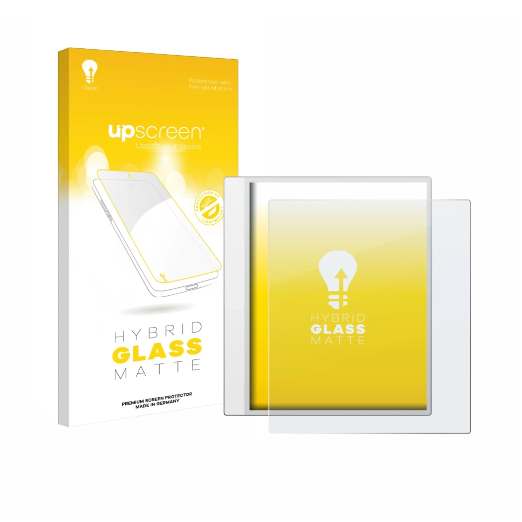 Parte frontal de un envase de producto con el logotipo de la marca upscreen. Al lado se muestra el dispositivo Boox Note Max c