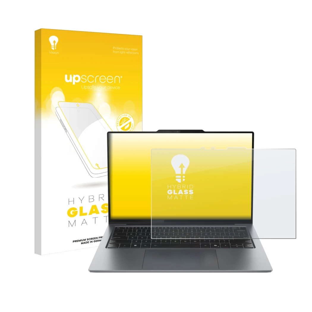 Parte frontal de un envase de producto con el logotipo de la marca upscreen. Al lado se muestra el dispositivo Lenovo ThinkPad