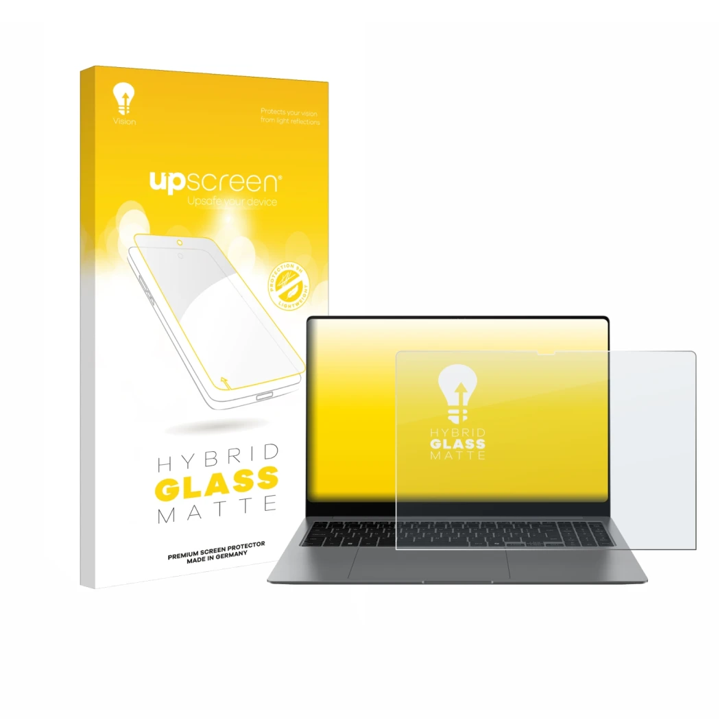 Parte frontal de un envase de producto con el logotipo de la marca upscreen. Al lado se muestra el dispositivo Samsung Galaxy 