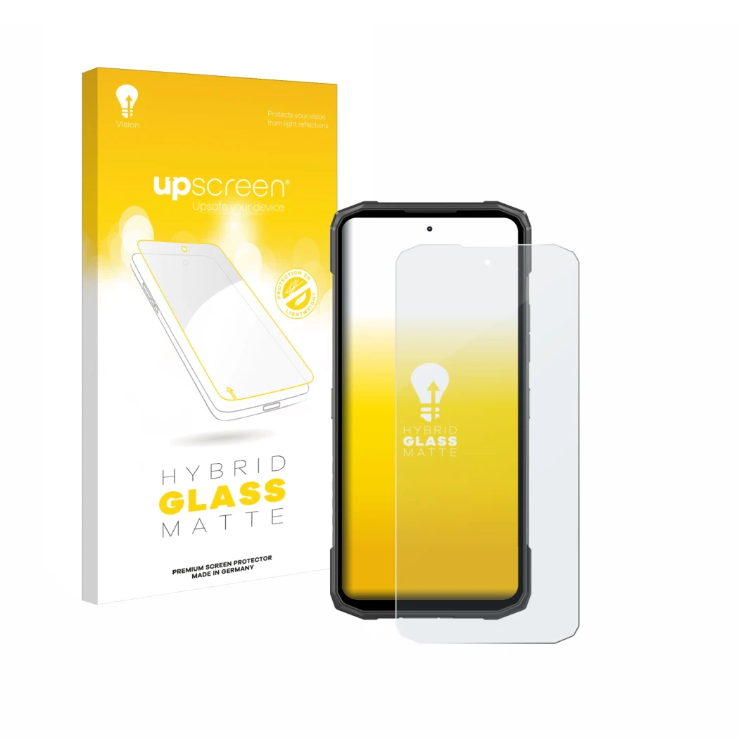 Parte frontal de un envase de producto con el logotipo de la marca upscreen. Al lado se muestra el dispositivo Doogee Blade 10