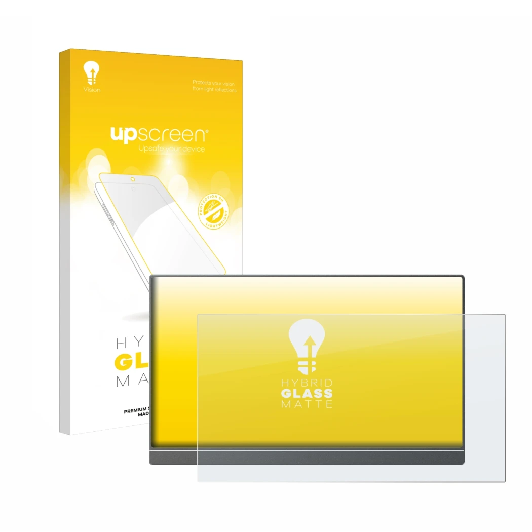 Parte frontal de un envase de producto con el logotipo de la marca upscreen. Al lado se muestra el dispositivo Arzopa Z1FC 16.