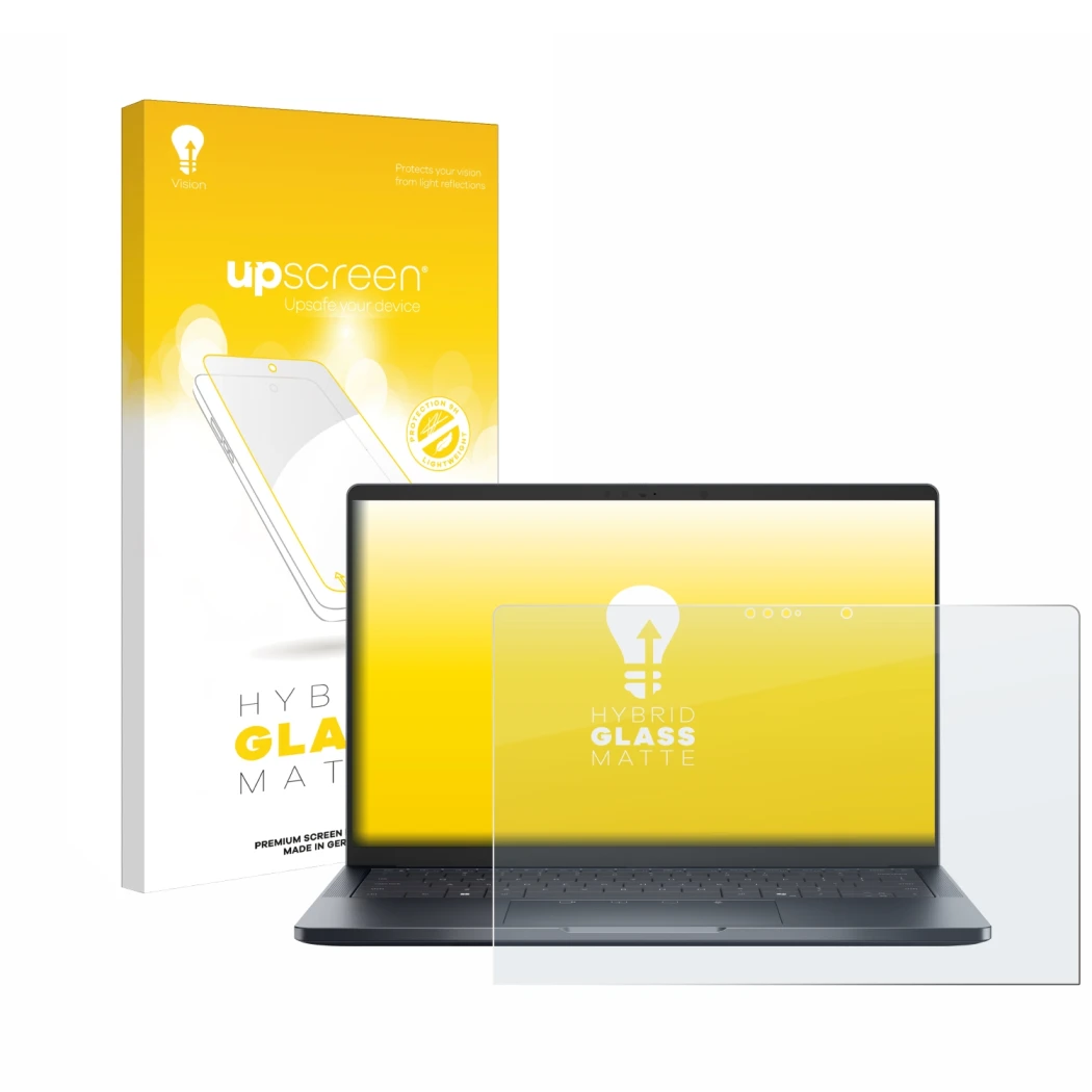 Parte frontal de un envase de producto con el logotipo de la marca upscreen. Al lado se muestra el dispositivo Dell Pro 14 Pre