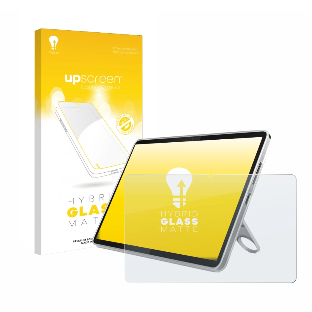 Parte frontal de un envase de producto con el logotipo de la marca upscreen. Al lado se muestra el dispositivo Lenovo Tab 10.1