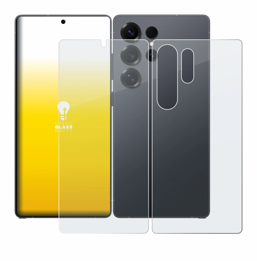 Imagen del dispositivo Samsung Galaxy S25 Ultra (Frontal+Trasero) con una amplia variedad de protectores de pantalla.