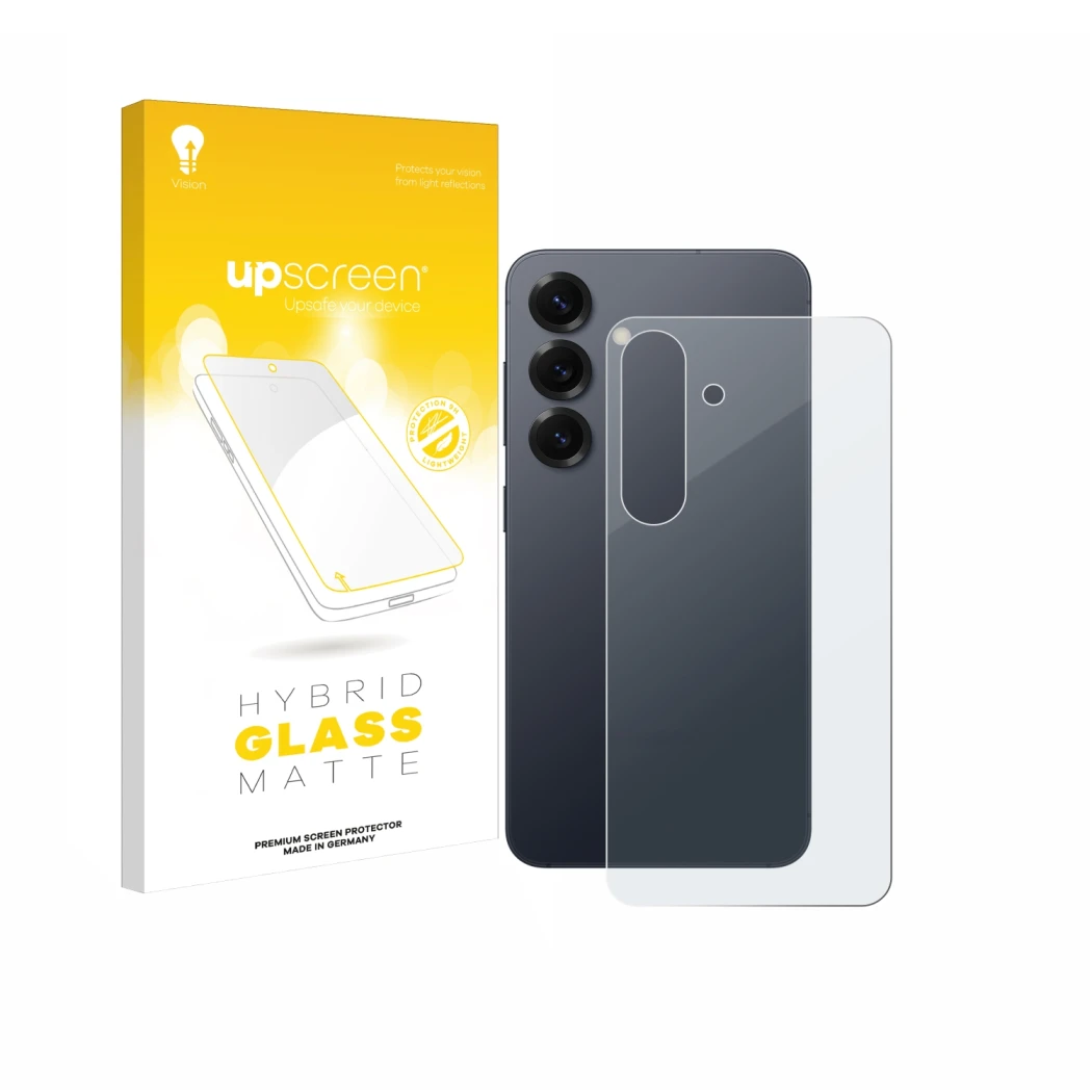 Parte frontal de un envase de producto con el logotipo de la marca upscreen. Al lado se muestra el dispositivo Samsung Galaxy 