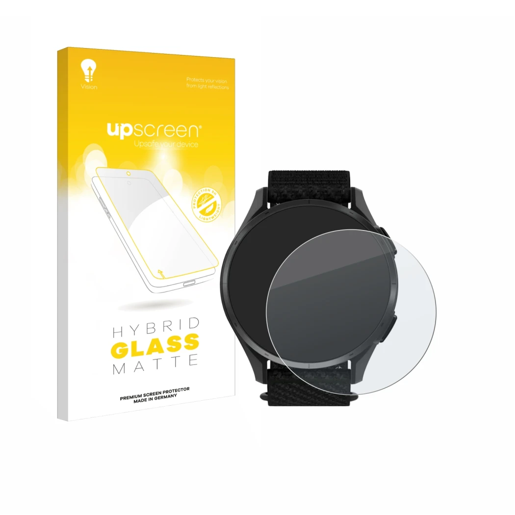 Parte frontal de un envase de producto con el logotipo de la marca upscreen. Al lado se muestra el dispositivo Garmin Approach