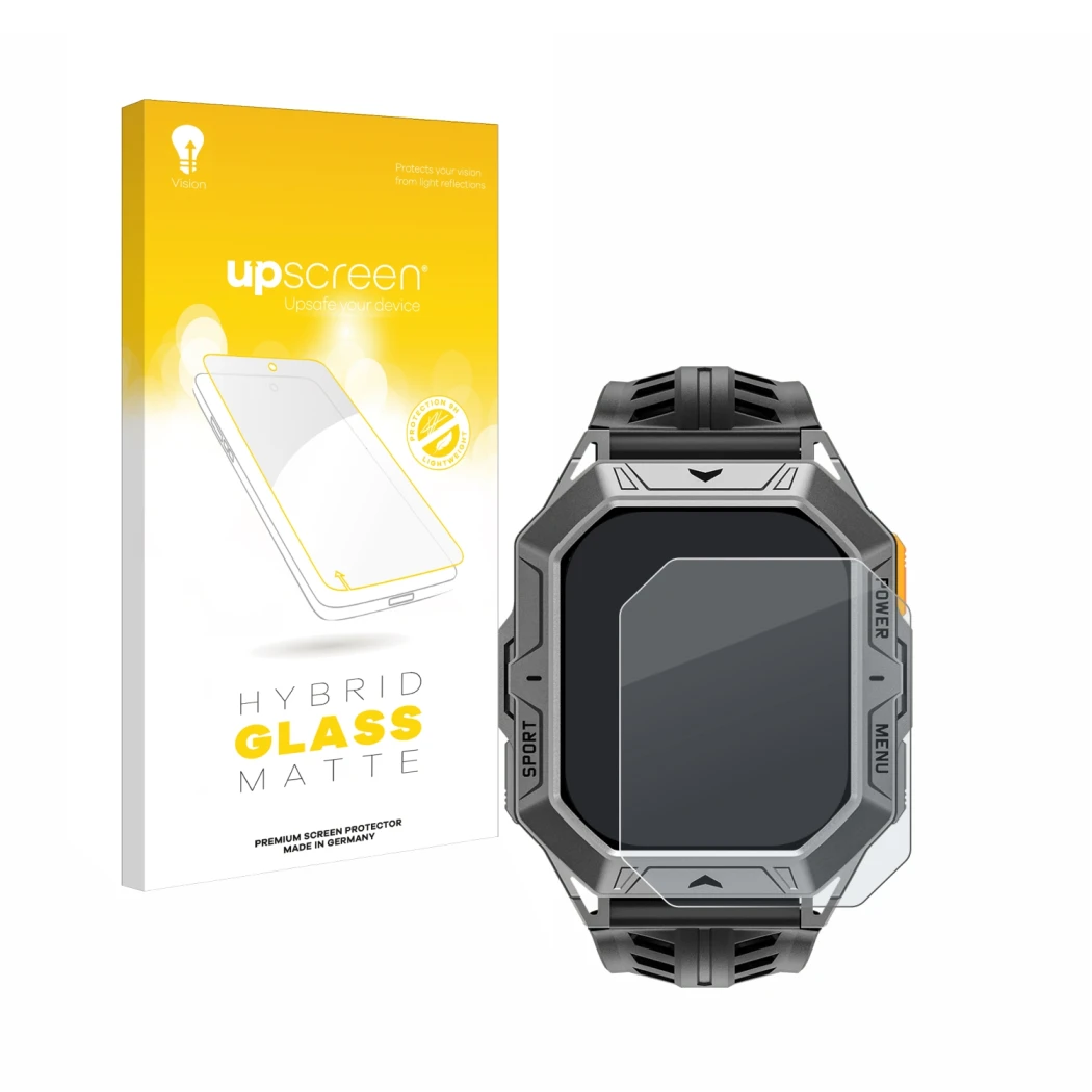 Parte frontal de un envase de producto con el logotipo de la marca upscreen. Al lado se muestra el dispositivo Stahlgear Thor 