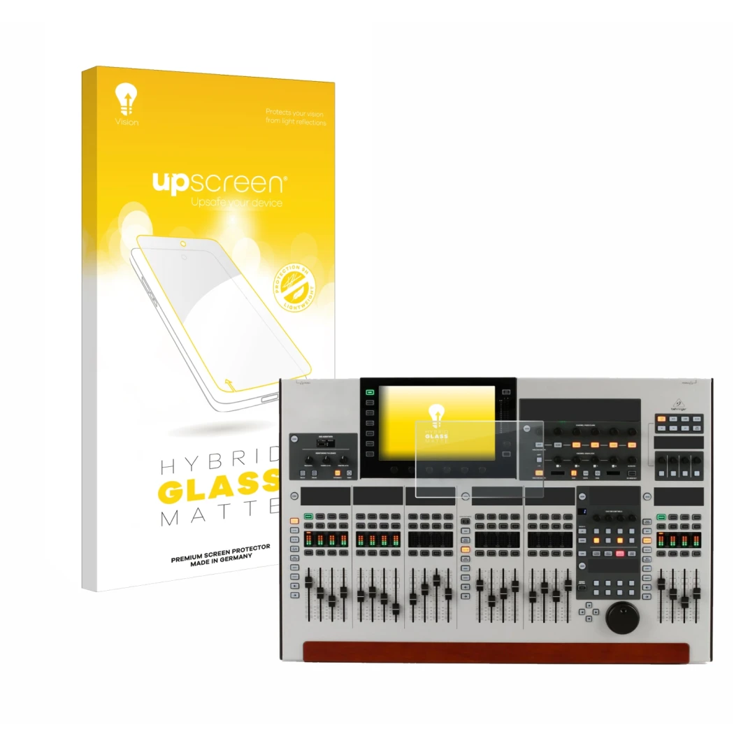 Parte frontal de un envase de producto con el logotipo de la marca upscreen. Al lado se muestra el dispositivo Behringer Wing 