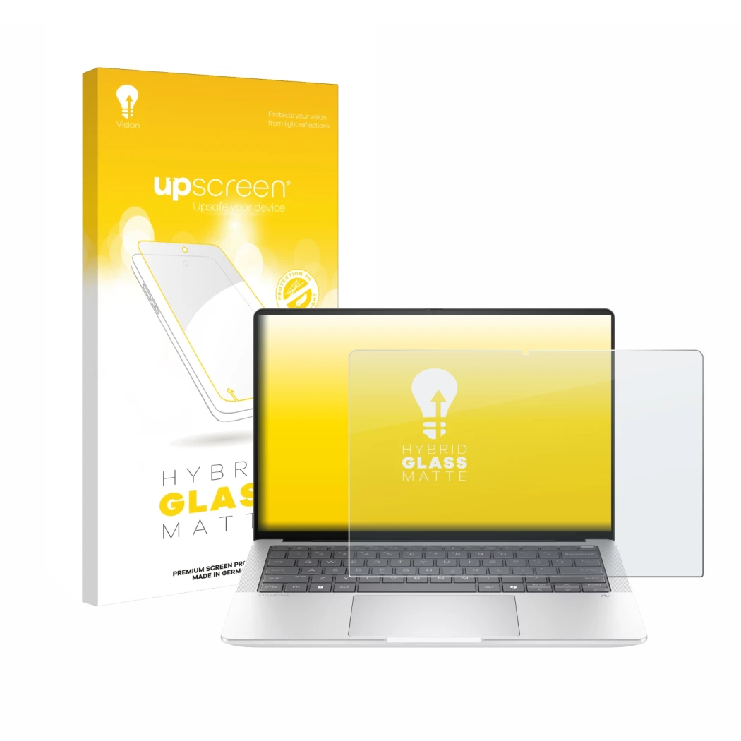 Parte frontal de un envase de producto con el logotipo de la marca upscreen. Al lado se muestra el dispositivo HP EliteBook X 