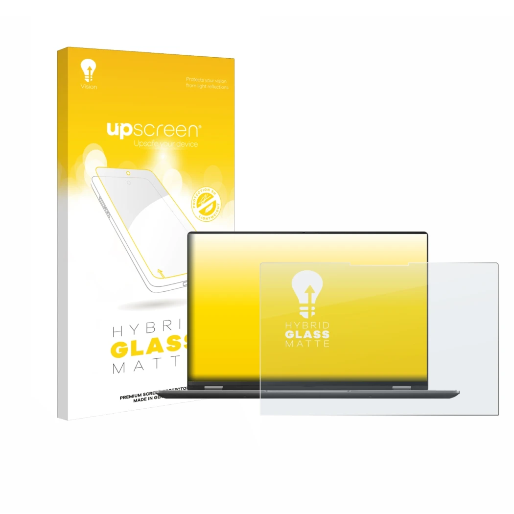 Parte frontal de un envase de producto con el logotipo de la marca upscreen. Al lado se muestra el dispositivo ASUS Vivobook S