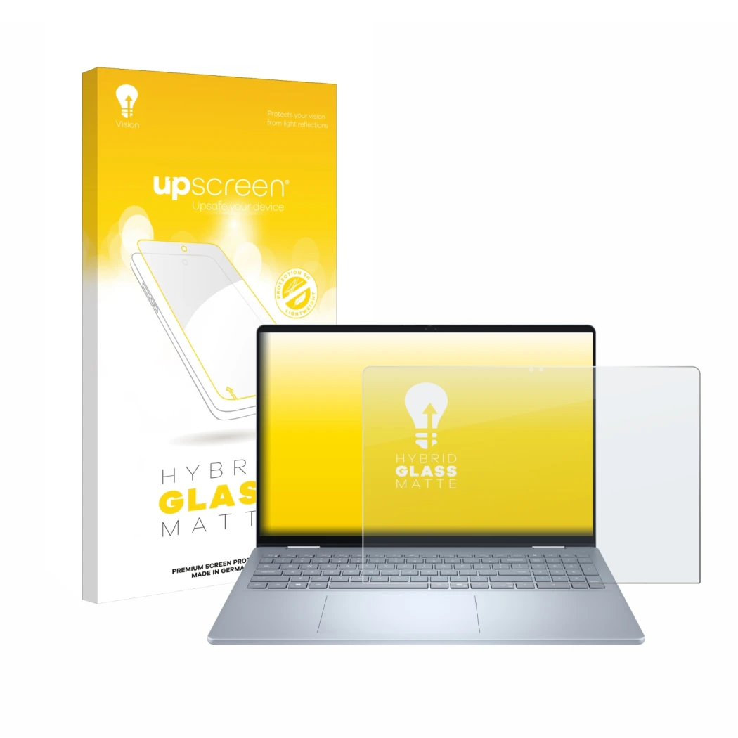 Parte frontal de un envase de producto con el logotipo de la marca upscreen. Al lado se muestra el dispositivo Dell 16 Plus-2-