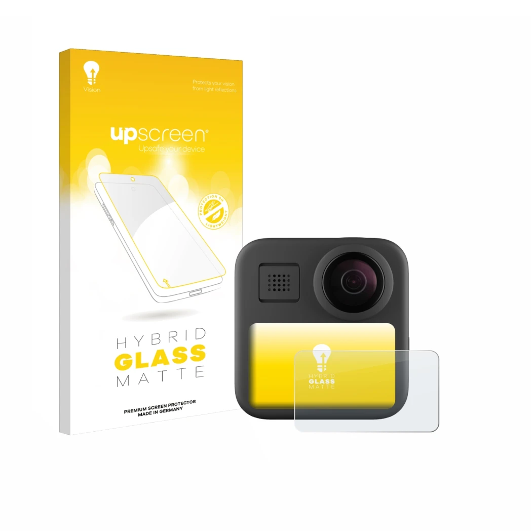 Parte frontal de un envase de producto con el logotipo de la marca upscreen. Al lado se muestra el dispositivo GoPro Max (2025