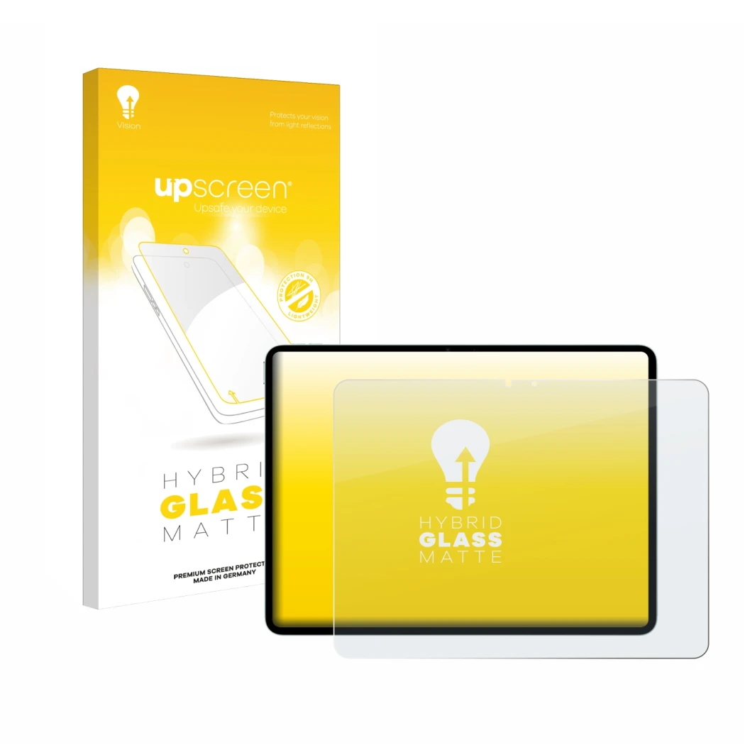 Parte frontal de un envase de producto con el logotipo de la marca upscreen. Al lado se muestra el dispositivo Apple iPad Air 