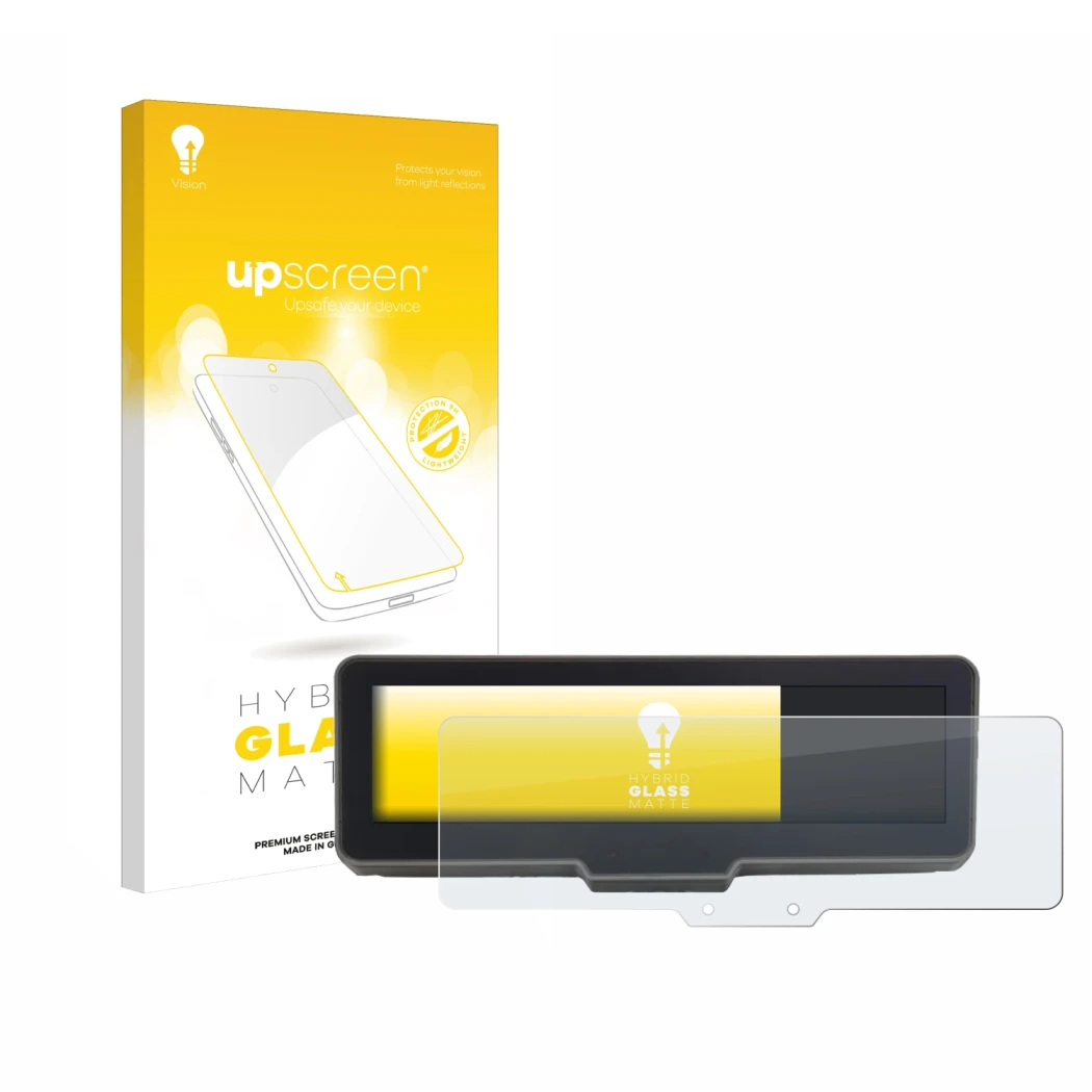 Parte frontal de un envase de producto con el logotipo de la marca upscreen. Al lado se muestra el dispositivo KTM 990 Duke R 