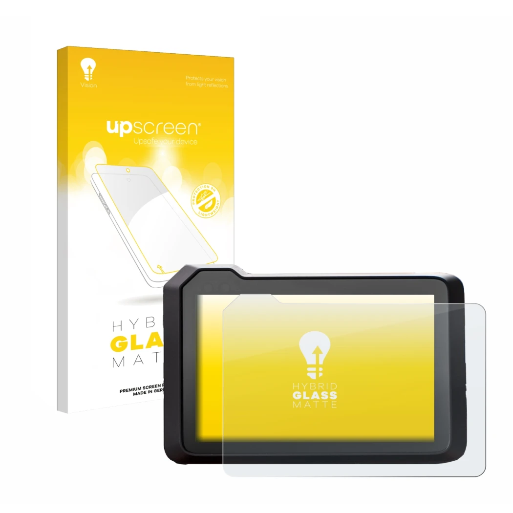 Parte frontal de un envase de producto con el logotipo de la marca upscreen. Al lado se muestra el dispositivo KTM 1390 Super 