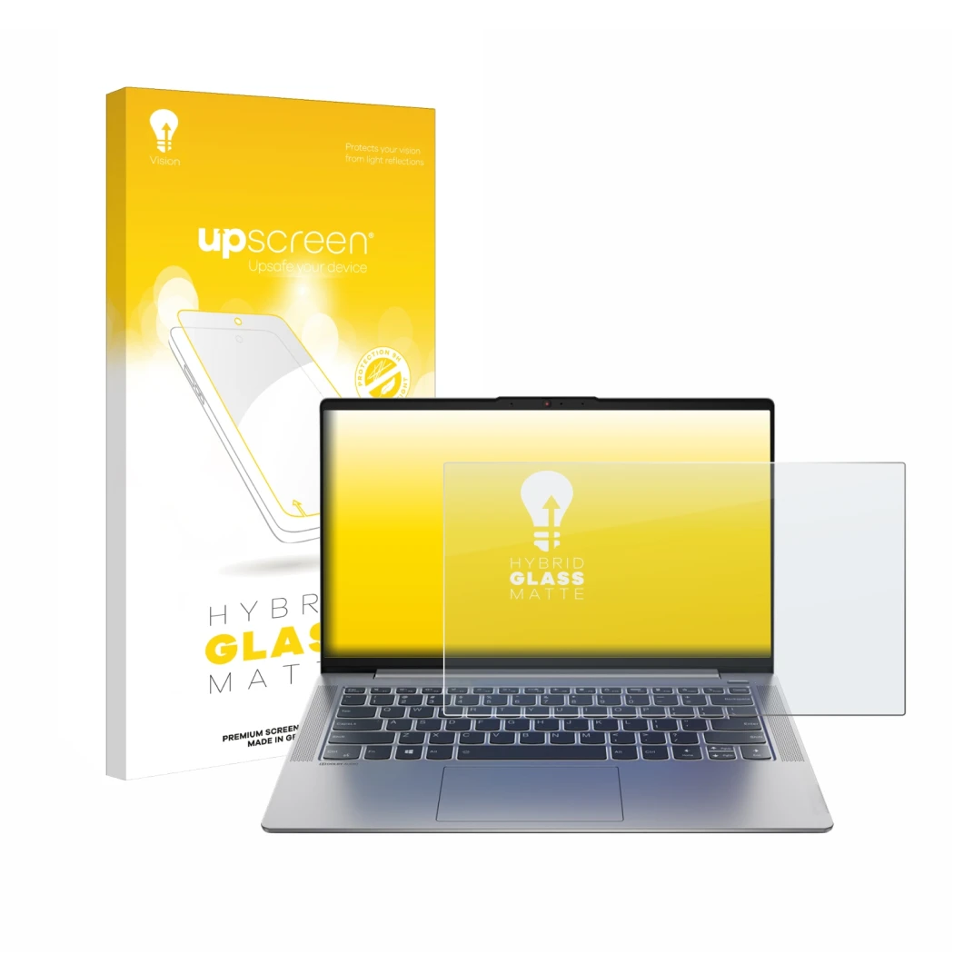 Parte frontal de un envase de producto con el logotipo de la marca upscreen. Al lado se muestra el dispositivo Lenovo IdeaPad 