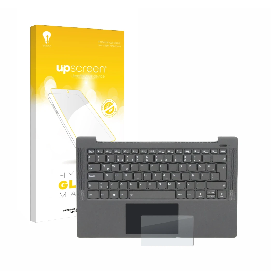 Parte frontal de un envase de producto con el logotipo de la marca upscreen. Al lado se muestra el dispositivo Lenovo IdeaPad 