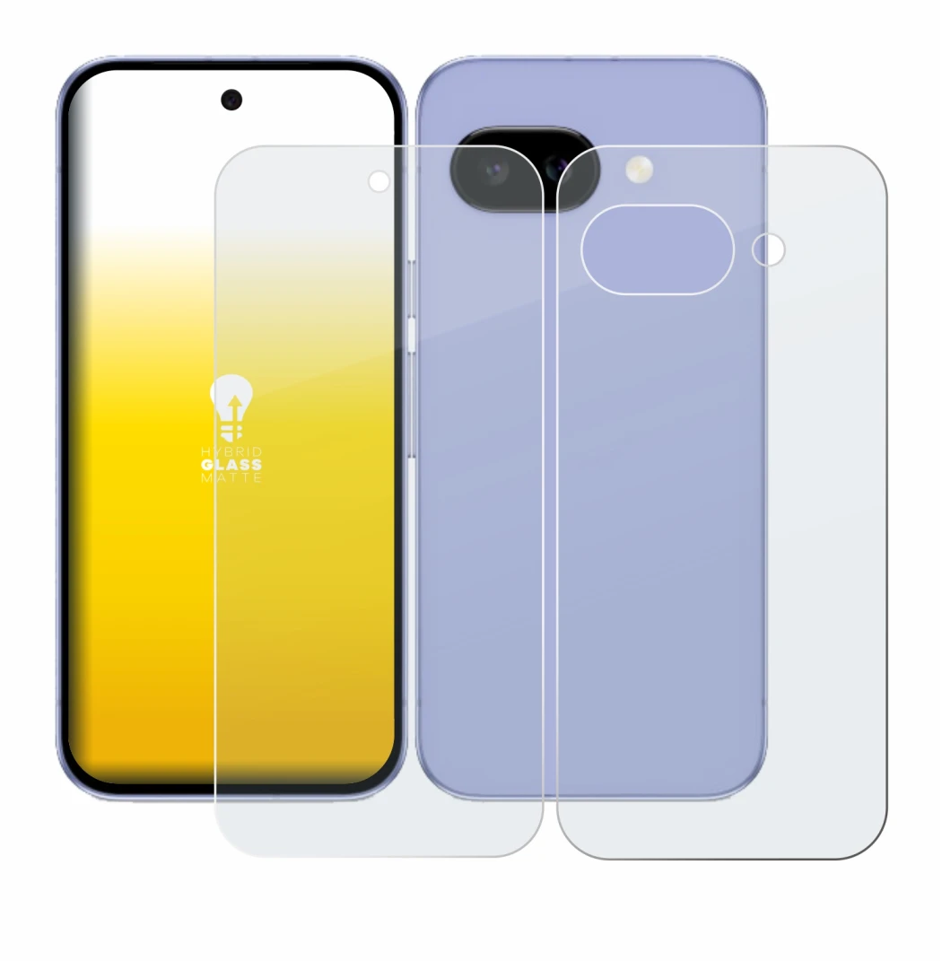 Imagen del dispositivo Google Pixel 9a (Frontal+Trasero) con una amplia variedad de protectores de pantalla.