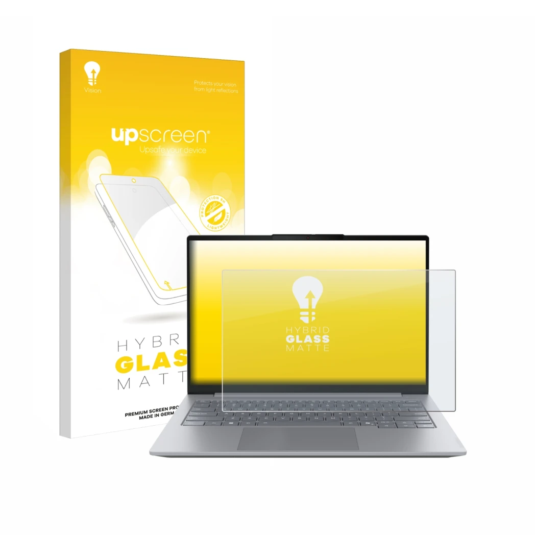 Parte frontal de un envase de producto con el logotipo de la marca upscreen. Al lado se muestra el dispositivo Lenovo ThinkBoo