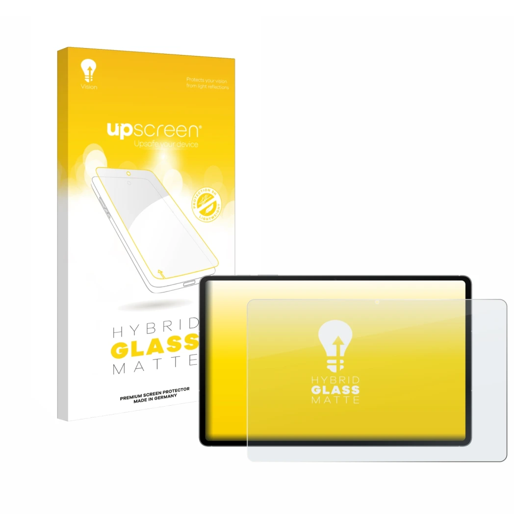 Parte frontal de un envase de producto con el logotipo de la marca upscreen. Al lado se muestra el dispositivo Samsung Galaxy 