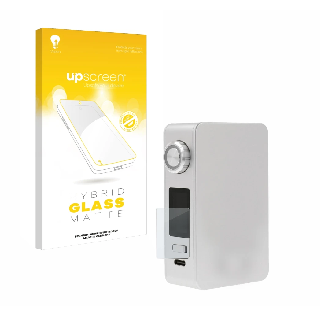 Parte frontal de un envase de producto con el logotipo de la marca upscreen. Al lado se muestra el dispositivo Lost Vape Centa