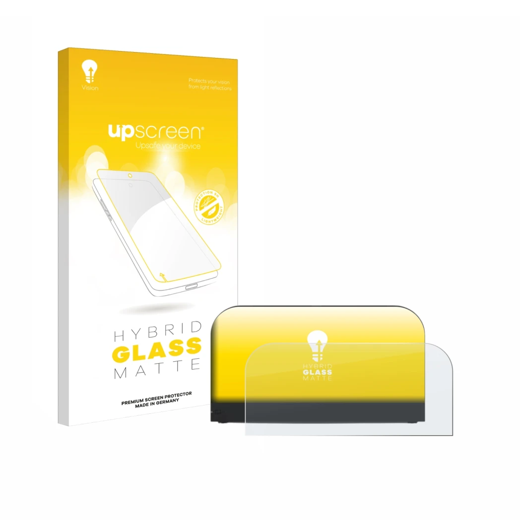 Parte frontal de un envase de producto con el logotipo de la marca upscreen. Al lado se muestra el dispositivo Nintendo Switch