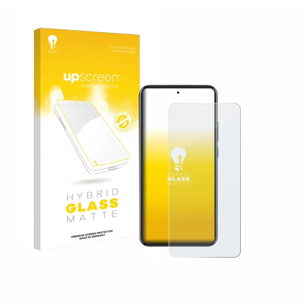 Parte frontal de un envase de producto con el logotipo de la marca upscreen. Al lado se muestra el dispositivo Oppo Reno 13 Pr