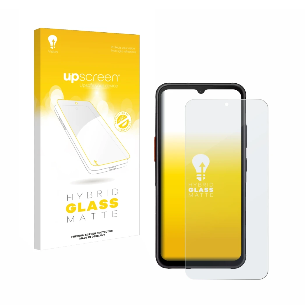 Parte frontal de un envase de producto con el logotipo de la marca upscreen. Al lado se muestra el dispositivo Samsung Galaxy 