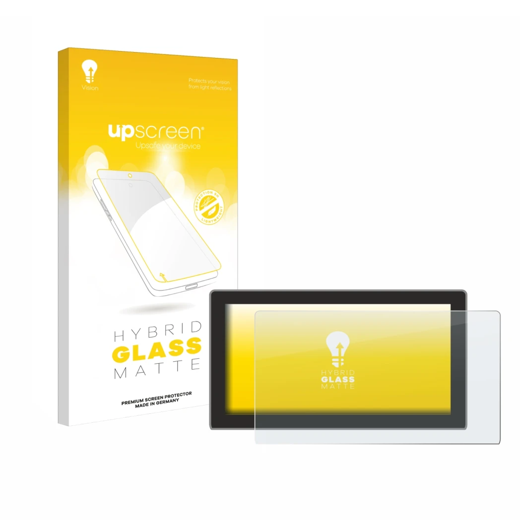 Parte frontal de un envase de producto con el logotipo de la marca upscreen. Al lado se muestra el dispositivo Cupra Tavascan 