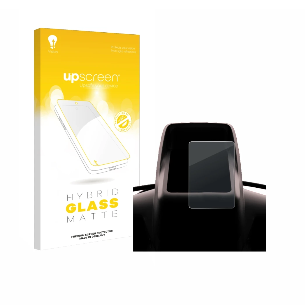 Parte frontal de un envase de producto con el logotipo de la marca upscreen. Al lado se muestra el dispositivo Segway GT3 D co