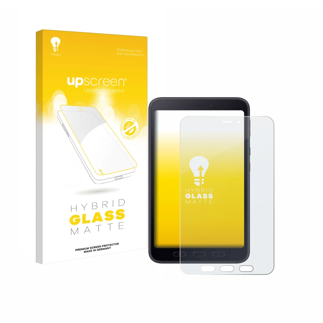 Parte frontal de un envase de producto con el logotipo de la marca upscreen. Al lado se muestra el dispositivo Samsung galaxy 