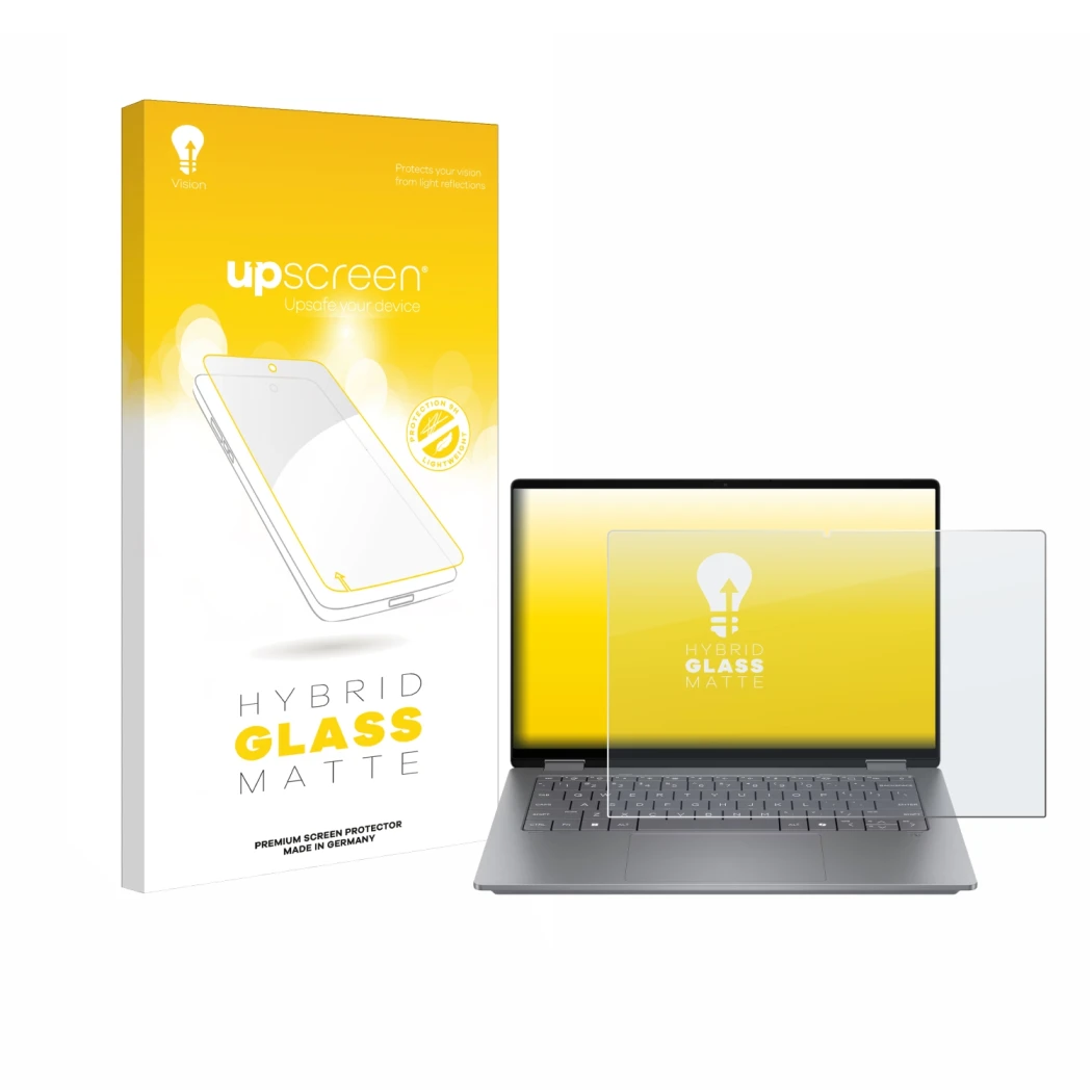 Parte frontal de un envase de producto con el logotipo de la marca upscreen. Al lado se muestra el dispositivo HP OmniBook X F