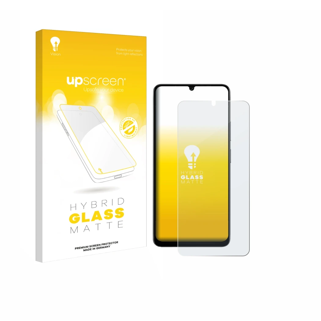 Parte frontal de un envase de producto con el logotipo de la marca upscreen. Al lado se muestra el dispositivo Doogee Note 59 