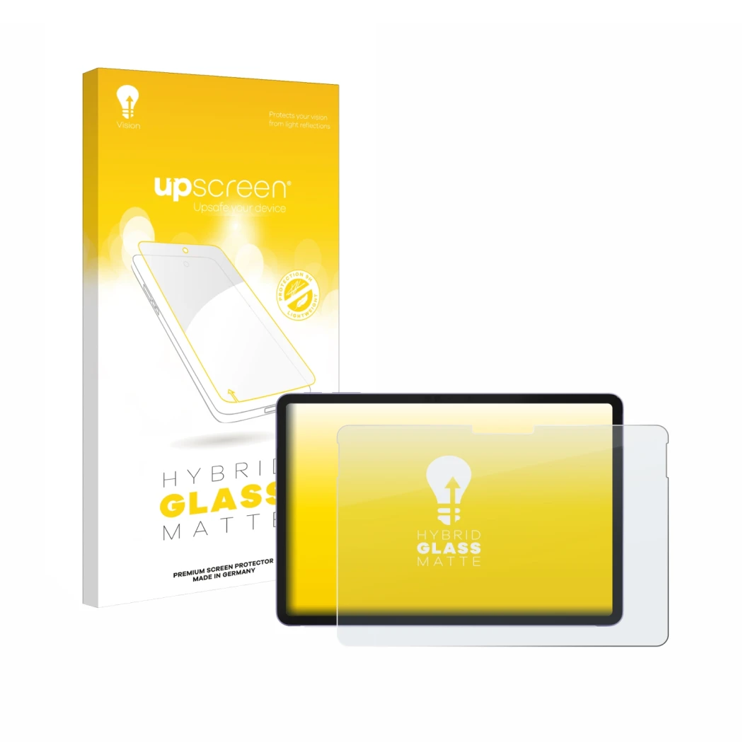 Parte frontal de un envase de producto con el logotipo de la marca upscreen. Al lado se muestra el dispositivo Microsoft Surfa