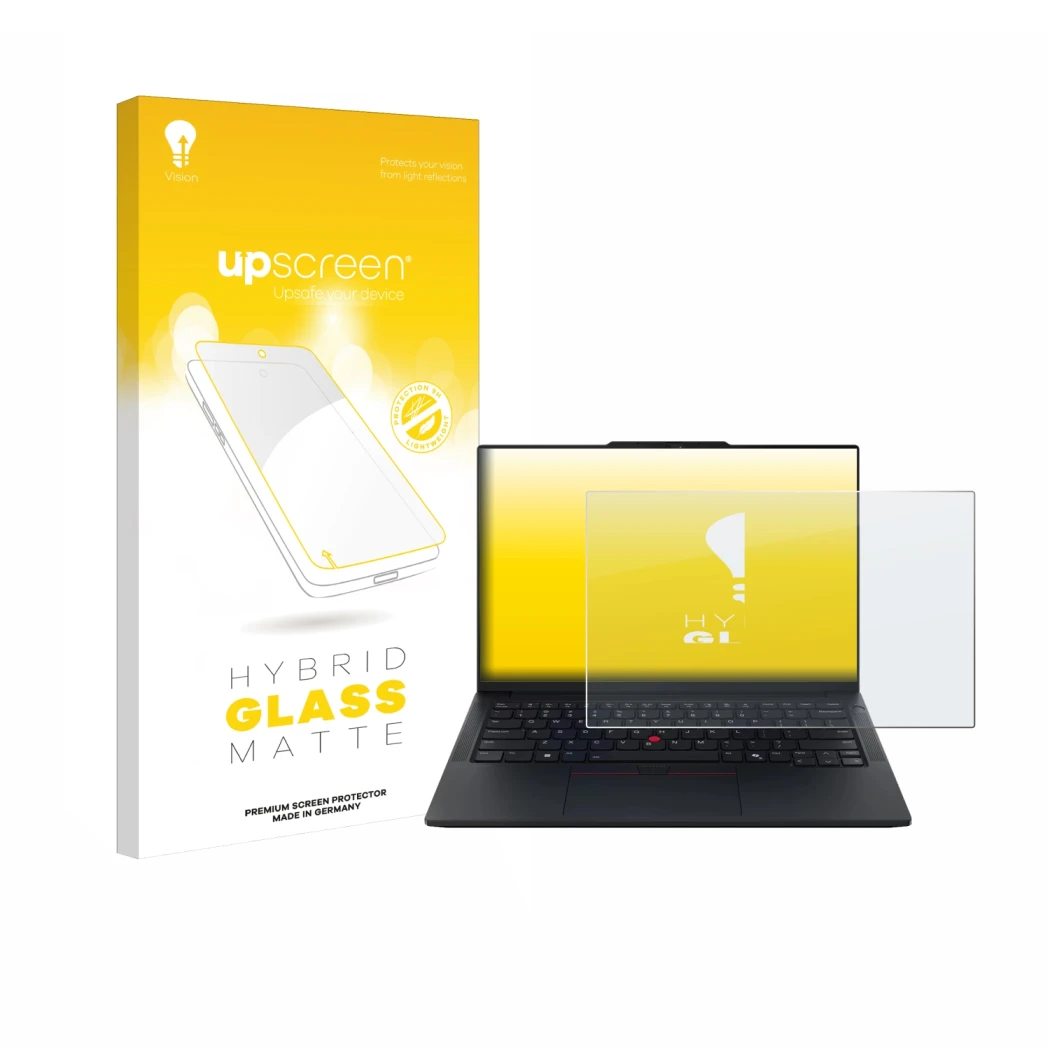 Parte frontal de un envase de producto con el logotipo de la marca upscreen. Al lado se muestra el dispositivo Lenovo ThinkPad