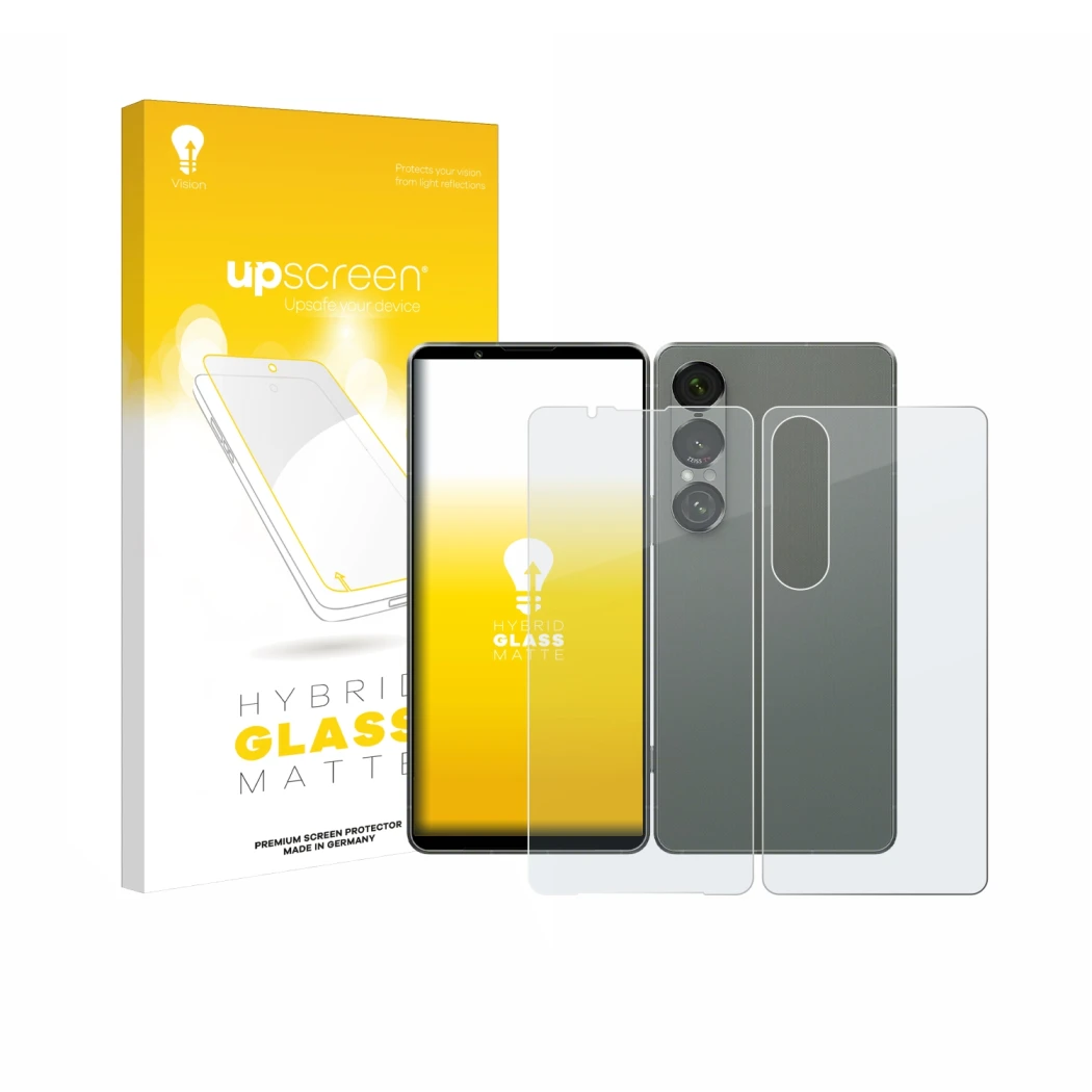 Parte frontal de un envase de producto con el logotipo de la marca upscreen. Al lado se muestra el dispositivo Sony Xperia 1 V