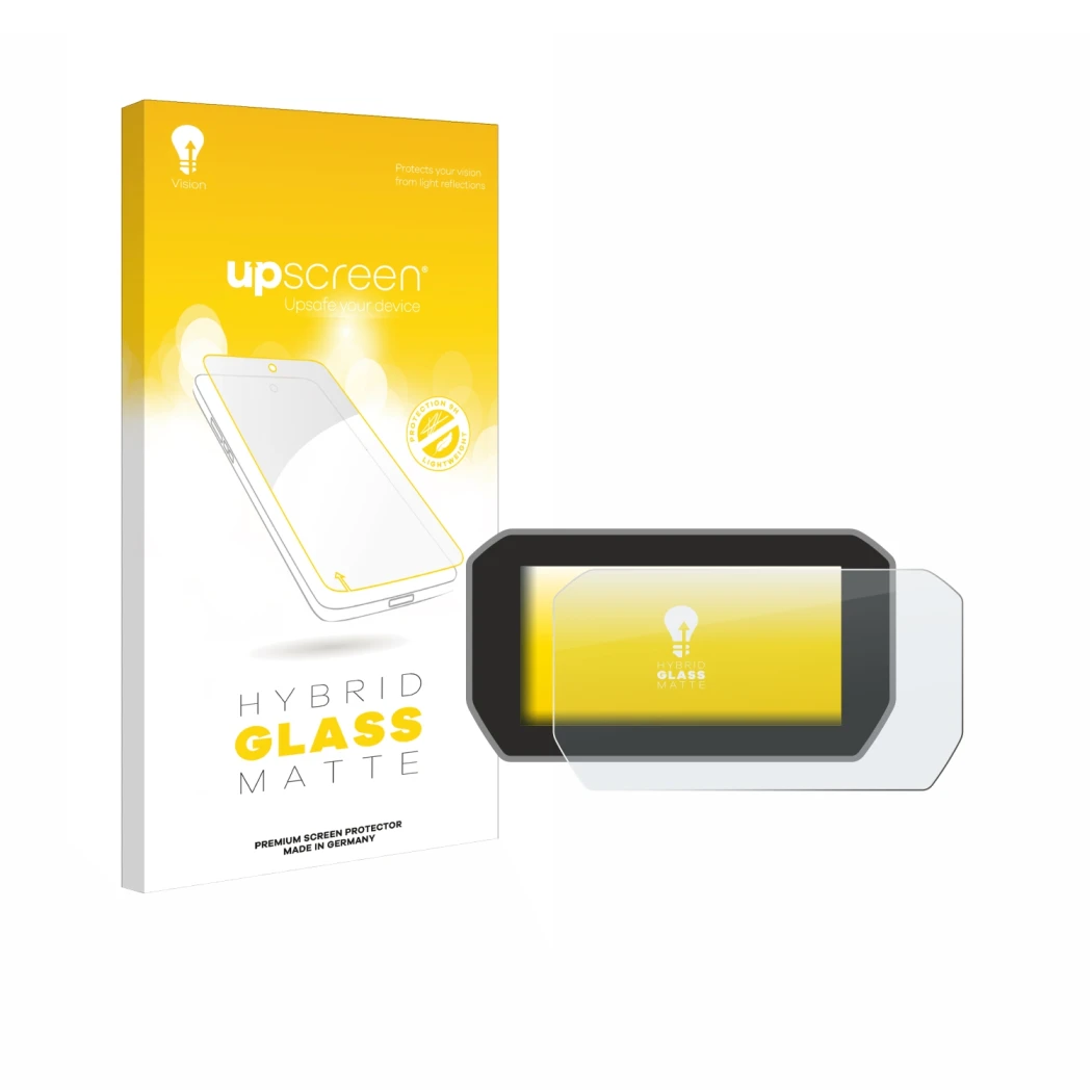 Parte frontal de un envase de producto con el logotipo de la marca upscreen. Al lado se muestra el dispositivo Ducati V4 Rally