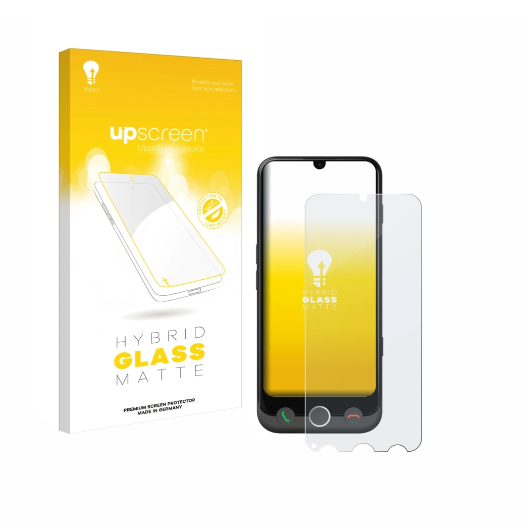 Parte frontal de un envase de producto con el logotipo de la marca upscreen. Al lado se muestra el dispositivo Doro Aurora A30